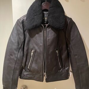 Maje black Leather Jacket with Shearling Collar